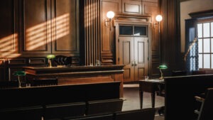 Empty American Style Courtroom. Supreme Court of Law and Justice Trial Stand. Courthouse Before Civil Case Hearing Starts. Grand Wooden Interior with Judge's Bench, Defendant's and Plaintiff's Tables. Empty American Style Courtroom. Supreme Court of Law and Justice Trial Stand. Courthouse Before Civil Case Hearing Starts. Grand Wooden Interior with Judge's Bench, Defendant's and Plaintiff's Tables.